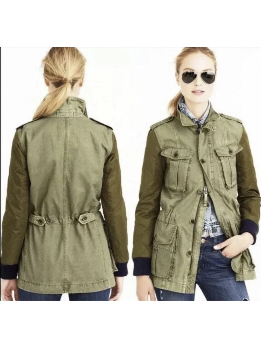 J Crew Quilted Sleeve Boyfriend Fatigue Utility Jacket Olive Size M VGUC